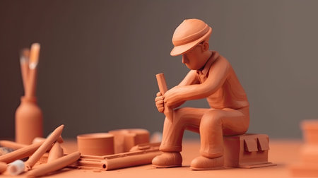 Plasticine worker. Miniature of employee at work. Concept of industrial process and manufacture. Little Toy Man created with Generative AI Technologyの写真素材
