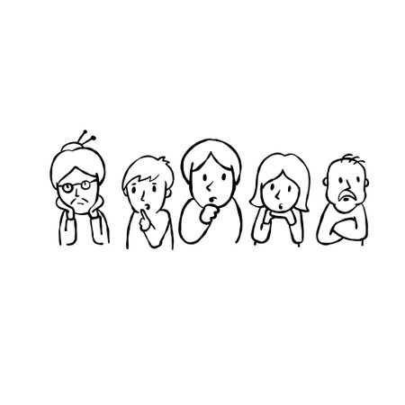Confused Sketch Man and woman. Family with trouble. Gesture of unsure or doubtful. Puzzled and thinking expression. Husband and wife, grandparents, son and daughter doodle character.のイラスト素材