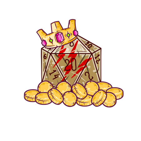 Dice d20 for playing Dnd. Dungeon and dragons board game with golden crown. cartoon outline illustrationのイラスト素材