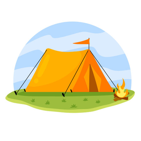 Tourist tent and fire. Triangular shelter in camp on green lawn with campfire. Concept of summer adventure, tourism, recreation and vacations in nature. Flat cartoon illustrationのイラスト素材