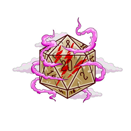 Dice d20 for playing Dnd. Dungeon and dragons board game. Cartoon outline drawn illustration. Role play gamingのイラスト素材