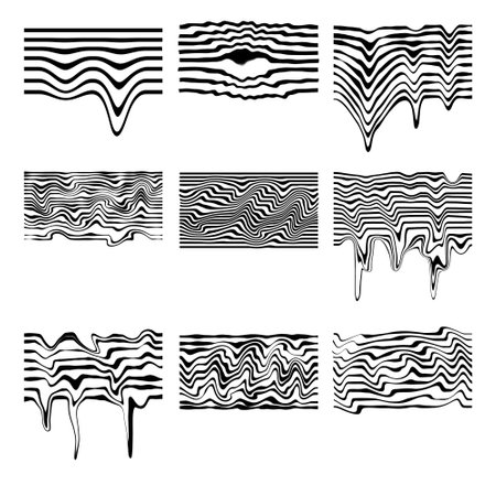 Melted Glitch Stripe. Abstract melting line drip distortion. Psychedelic wavy surreal element. Geometric wave curve effect isolated on white backgroundのイラスト素材