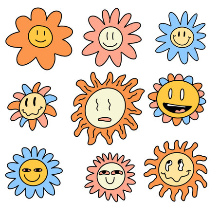 Groovy Flower Cartoon Illustration. Retro vintage art element. Funky daisy psychedelic decoration isolated on whiteのイラスト素材