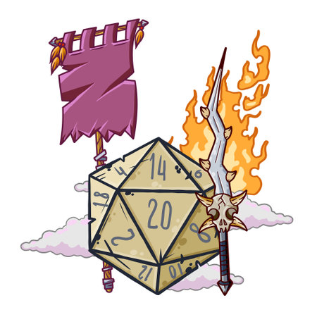 Cartoon dice for fantasy dnd and rpg Board game. Outline cartoon with medieval sword, magic fire and flag.のイラスト素材