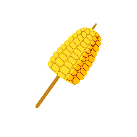 Grilled Corn On Stick. Fried fast food BBQ. Yellow vegetable corncob barbeque. Mexican maize on skewer. Hot organic snack steak. Kebab vegetarian dinner isolated on whiteのイラスト素材