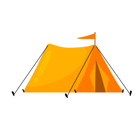 Tourist tent. House and triangular shelter in camp. Concept of summer adventure, tourism, recreation and vacations in nature. Flat cartoon illustration isolated on white backgroundのイラスト素材