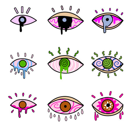 Groovy eye elements. 70s, 80s, 60s vibes funky sticker. Retro psychedelic vector illustration. Vintage nostalgia element for card, poster design and printのイラスト素材