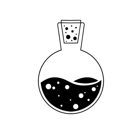 Magic bottle. Esoteric alchemy and glass elixir poison. Mystery chemistry drink. Fantasy cartoon magical mystic mixture, Vintage decorative elementのイラスト素材