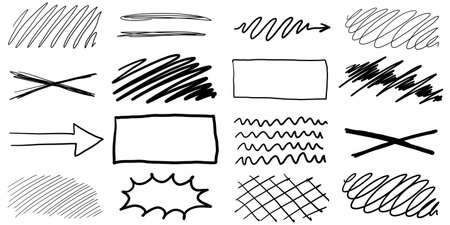 Set of doodle crosses, swirls, broken lines and arrow. Hand-drawn geometric shapes. Abstract sketch symbols.のイラスト素材