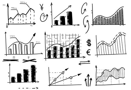 Chart graph info. Set of Sketch hand drawn infographic. Business finance data. Line doodle diagram. Graphic financial cartoon clipart. Progress report analyticsのイラスト素材