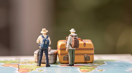 Miniature tourist stands at geographical map. Little toy man. Vacation of traveler and explorer....