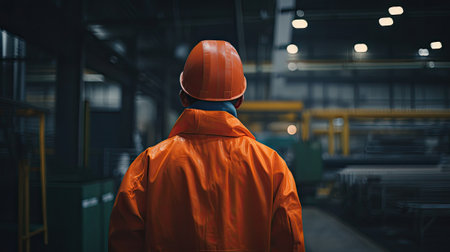 Industrial worker in orange uniform, Rear view. Technical employee wearing a helmet. Industrial or...