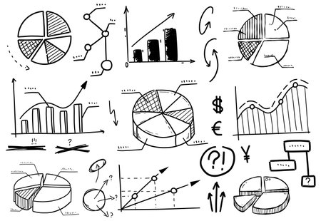 Chart graph info. Set of Sketch hand drawn infographic. Business finance data. Line doodle diagram. Graphic financial cartoon clipart. Progress report analyticsのイラスト素材