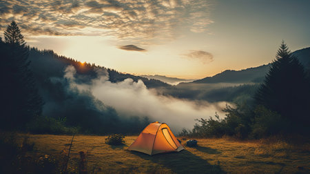 Camping in the forest. Morning at camp. Traveling with tent and campfire. Summer outdoor activities and adventure in mountains. Generative AIの写真素材