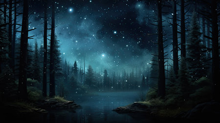 Night sky with shining stars and the milky way. Gloomy dark forest, Outer space and universe. Romantic and mysterious background - Generative AIの写真素材