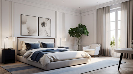 Living room, respectable apartment in Scandinavian neoclassical style. Bedroom with bed. Interior design of Modern room - generative aiの写真素材