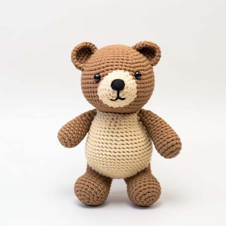 Cute knitted teddy bear. Vintage Toy animal made of large rough threads. Retro childish bear doll - Generative AIの写真素材