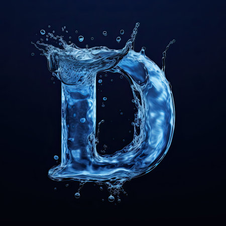 Letter D made of water. Font with splashes and drops of blue liquid. Typographic symbol with jet and splash. Marine concept of freshness, fluidity and the sea. AI Generatedの写真素材