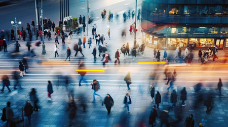 Blurred people walking down a city street. Concept of fast modern life. Human crowd in moves in dynamics. AI Generatedの写真素材