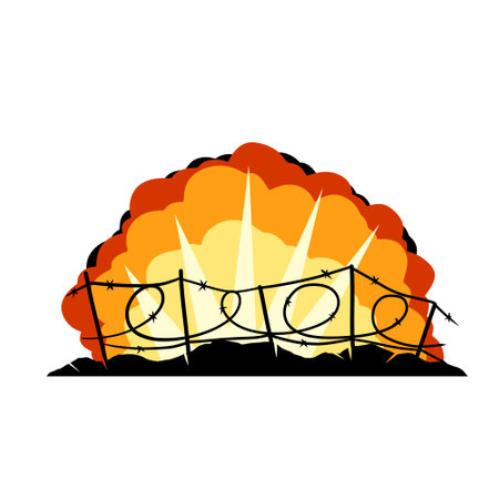 Barbed wire. Scenery of modern military conflict. Comic boom explosion. Big cartoon fireball. Fire bang and exploding. Silhouette of military barricades. Defensive fortifications.のイラスト素材