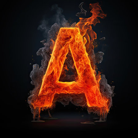 Lava letter A. Fiery stone alphabet font. Burning stone with orange inferno veins and fire. Typographic symbol generated by AIの写真素材