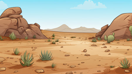 Cartoon desert landscape with rocks. Sand, mountains and hot summer scene with copy space. AI Generated. Mexican or western backgroundの写真素材