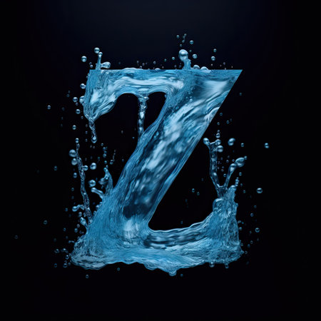 Letter Z made of water. Font with splashes and drops of blue liquid. Typographic symbol with jet and splash. Marine concept of freshness, fluidity and the sea. AI Generatedの写真素材