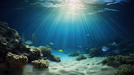 Underwater world, beautiful tropical marine landscape. Algae, rocks and coral reefs. Life in sea or ocean. Blue water with rays of sunlight. AI Generatedの写真素材