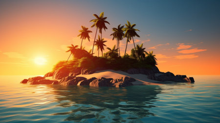 Tropical island in middle of ocean. Palm trees and trees on sandy beach in sea. Summer Paradise Bay, beautiful nature and landscape. AI Generatedの写真素材