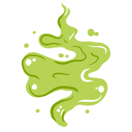 Fart and smell gas. Stinky cloud effect. Toxic cartoon breath. Scent funny smoke. Comic green wind isolated on whiteのイラスト素材