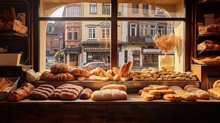 Trading counter of bakery. French rolls and pastries in old vintage store. Showcase with natural farm products. AI Generatedの写真素材