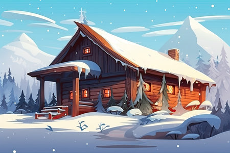 Santa Claus house at North Pole. Holiday of Christmas and New Year. Rustic cozy fairy-tale house. Winter landscape with snow and Christmas trees. AI Generatedの写真素材