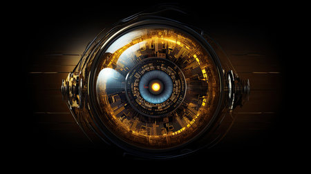 Digital eye. Cyber security network. abstract technology background. Yellow Futuristic tech business innovation wallpaper. AI Generated. Concept of system scan and connection.の写真素材