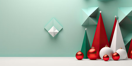 Christmas and New Year background with trees and gifts. Simple geometric template with copy space....