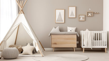 Children room in Scandinavian style. Light beige room of children. Simple minimalism interior. Apartment design in cream color. AI Generatedの写真素材