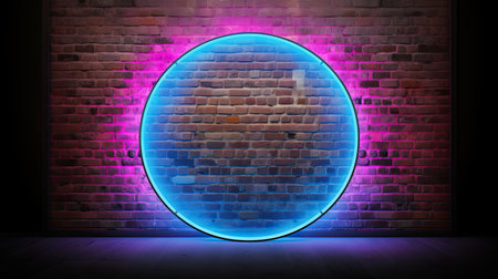 Brick wall with neon lights. Pink and blue electric light. Purple glow brickwall with copy space, circle frame. Business template for product, concert for bar or nightclub. AI Generatedの写真素材