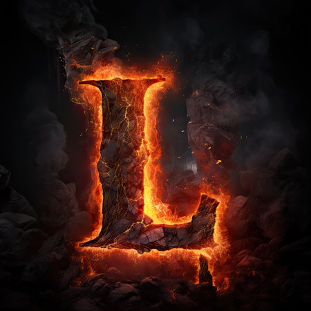 Lava letter A. Fiery stone alphabet font. Burning stone with orange inferno veins and fire. Typographic symbol generated by AIの写真素材