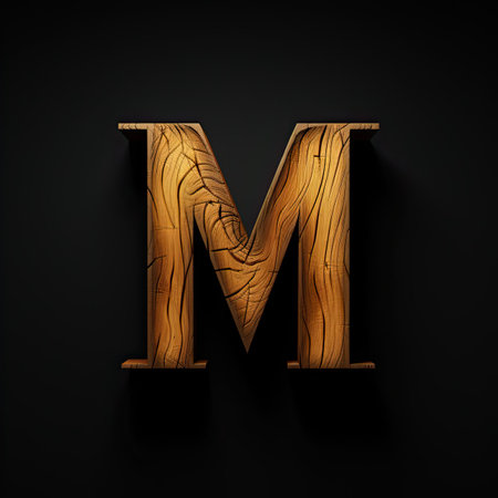 Wooden letter M. Wood font made of sticks, bark and wood. Forest typographic symbol. Concept of nature, ecology, loft. AI Generatedの写真素材