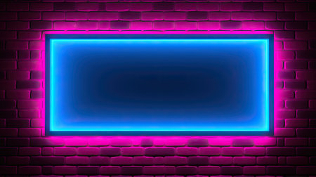 Brick wall with neon lights. Pink and blue electric light. Purple glow brickwall with copy space, square rectangle frame. Business template for product, concert for bar or nightclub. AI Generatedの写真素材
