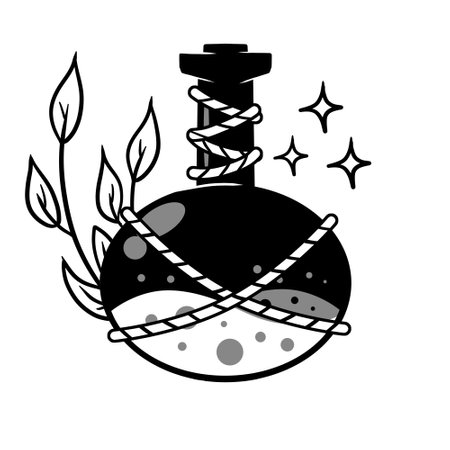Magic bottle Esoteric alchemy and glass elixir poison. Mystery chemistry drink. Fantasy cartoon magical mystic mixture, Vintage decorative elementのイラスト素材