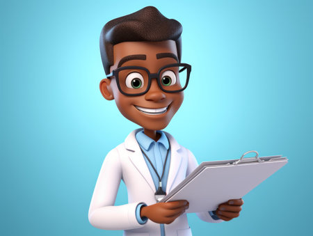 3D Doctor. African American male character. Simple cartoon fun afro person with stethoscope and uniform. Afro man in hospital or clinic, medical specialist pharmacist, lab worker ai generatedの写真素材