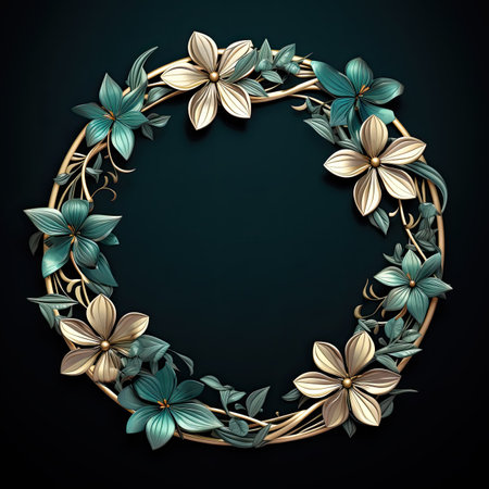 Flower wreath. Festive decoration for wedding and date on dark background. Concept of love and romance in golden and green color. Circle Floral bouquet ornament. AI Generatedの写真素材