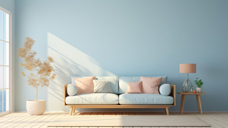 Living room. Design and interior of modern cozy house in soft blue colors. Furniture in apartmentsの写真素材