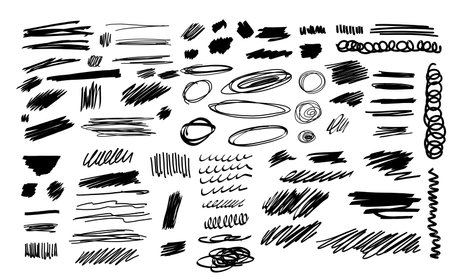 Set of doodle crosses, swirls, broken lines. Hand-drawn geometric shapes. Abstract sketch symbolsのイラスト素材