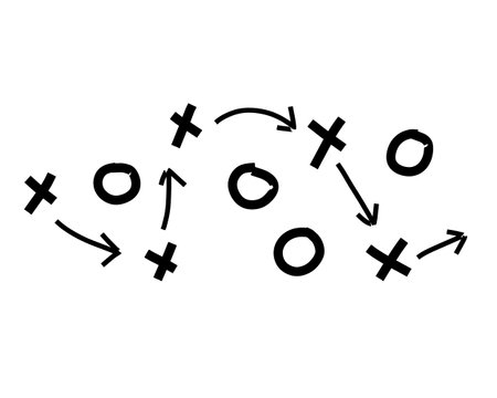 Sports tactics and strategy. Scheme of movement of team player. Combination of crosses and circles with path arrows. Pitch ball instructions.のイラスト素材