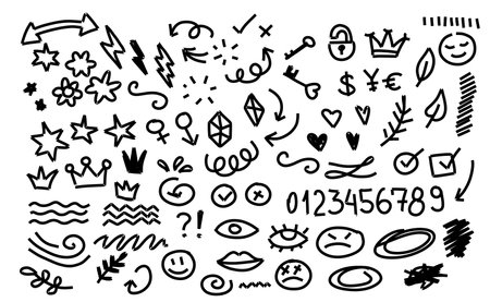 Set of doodle sign. Number, arrow, stars, sparkles line element. Hand drawn pen stroke collection on white backgroundのイラスト素材