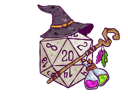 Dice for playing DnD. Tabletop role-playing game Dungeon and dragons with d20. Magical role of sorcerer with witch hat.のイラスト素材