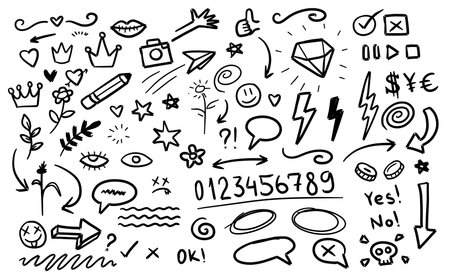 Set of doodle sign. Number, arrow, stars, sparkles line element. Hand drawn pen stroke collection on white backgroundのイラスト素材