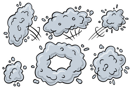 Comic bubble cloud. Track and trace. An abstract element of movement. Cartoon black and white illustration. Set of Funny smoke and steam.のイラスト素材