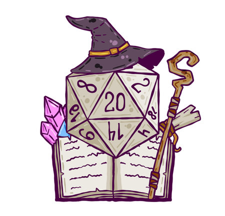 Dice for playing DnD. Tabletop role-playing game Dungeon and dragons with d20. Magical role of sorcerer with witch hat and spell bookのイラスト素材